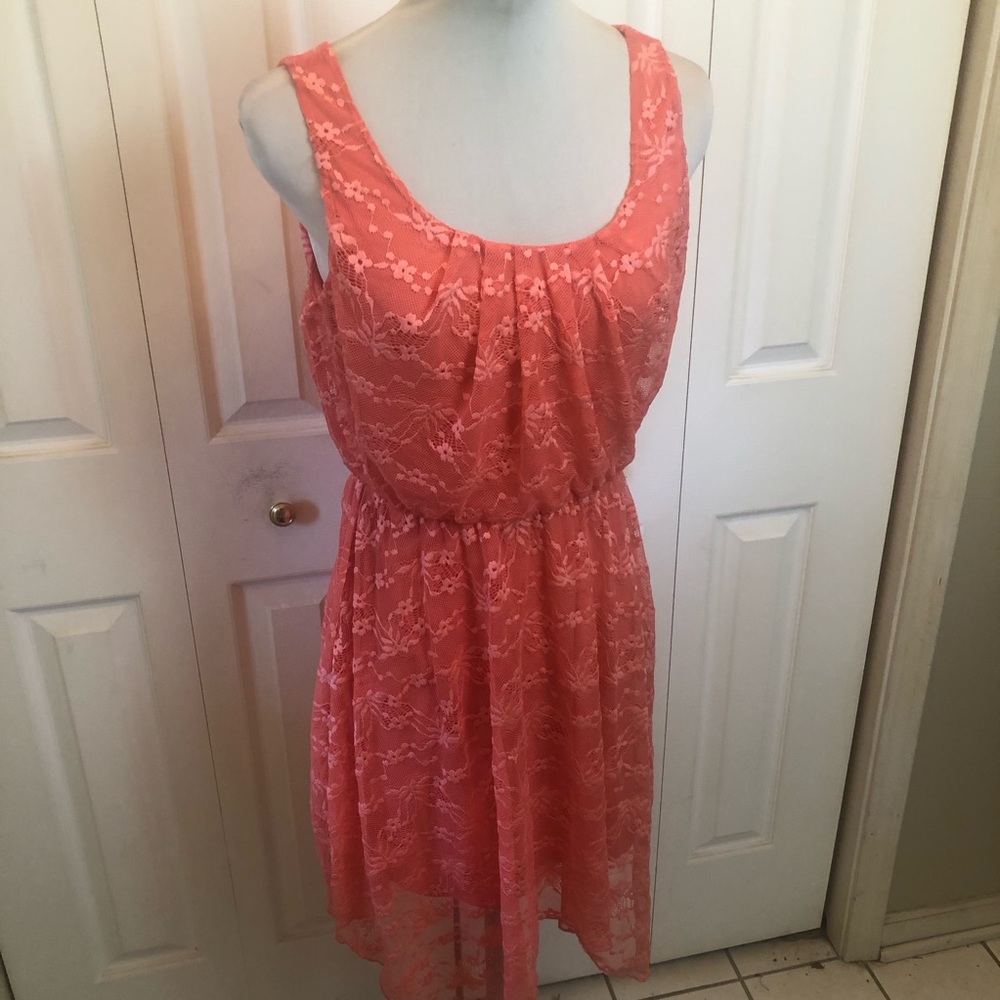 As U Wish Coral Sleeveless Lace High-Low Dress